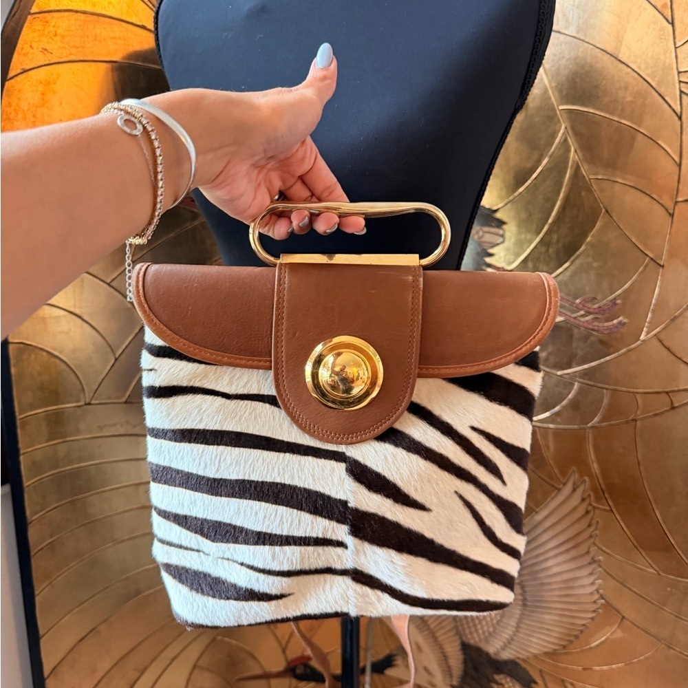 90s Y2K Brown leather Zebra Pony hair top handle bag